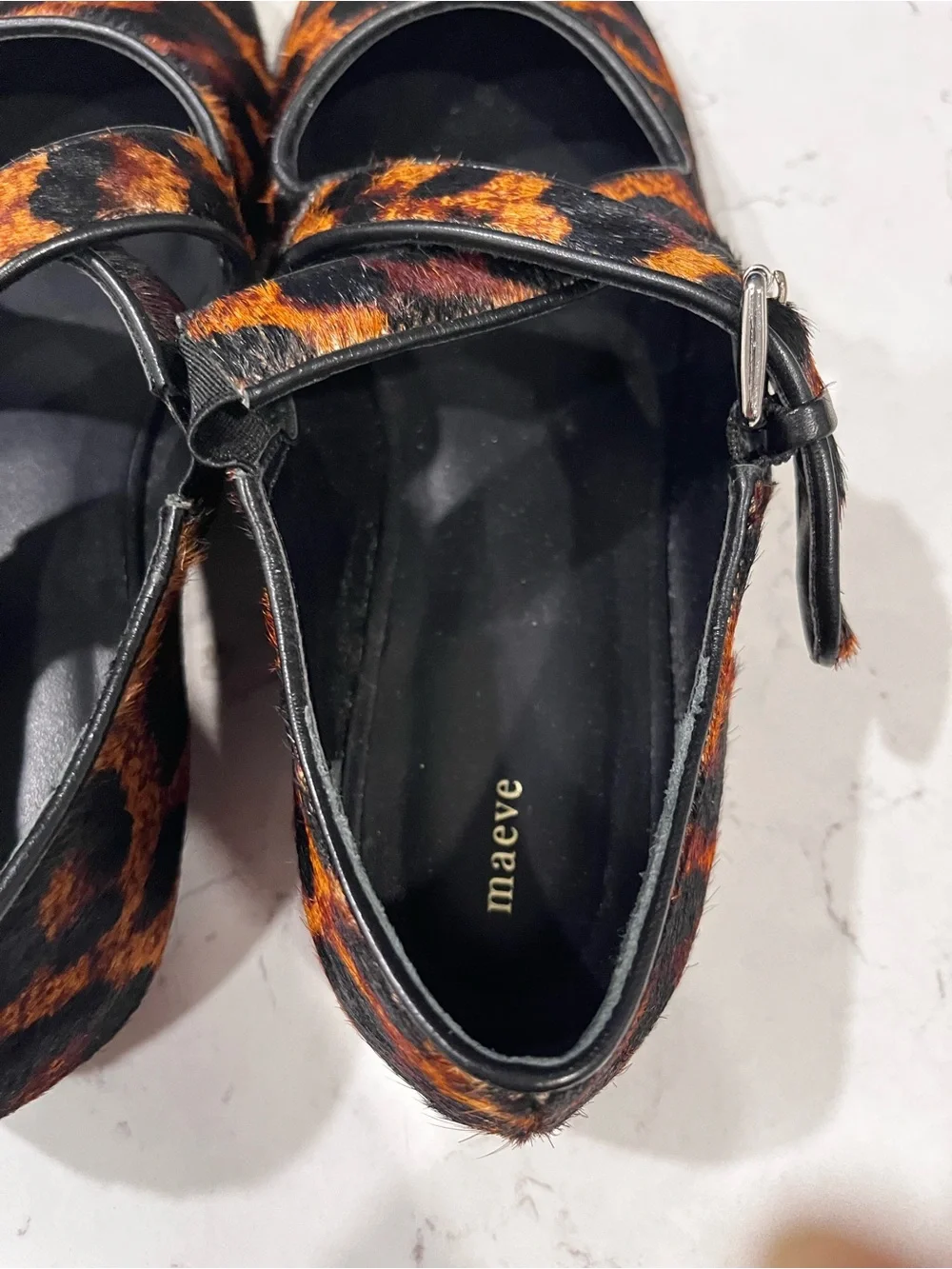 MAEVE Criss Cross Mary Jane Flats Calf Hair Leather Leopard Print Size 7 NWOB